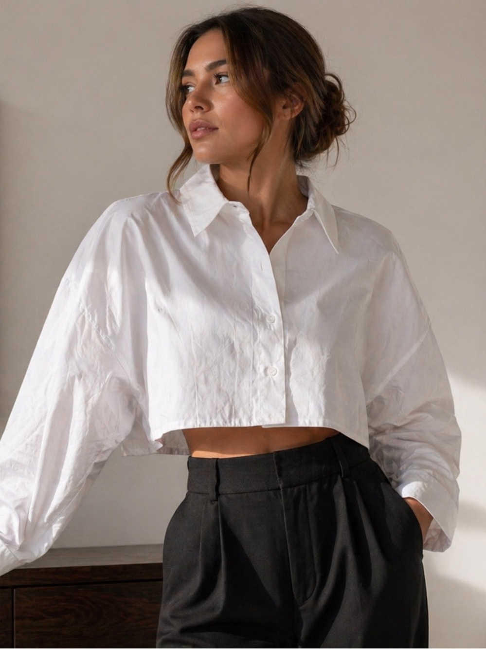 Fashion Nova White Cropped Long Sleeve Button Down Business Shirt